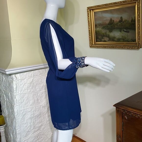 Brigitte Bailey Blue Chiffon Slit Sleeve Rhinestone Cuff Mini Cocktail Dress - Picture 6 of 10